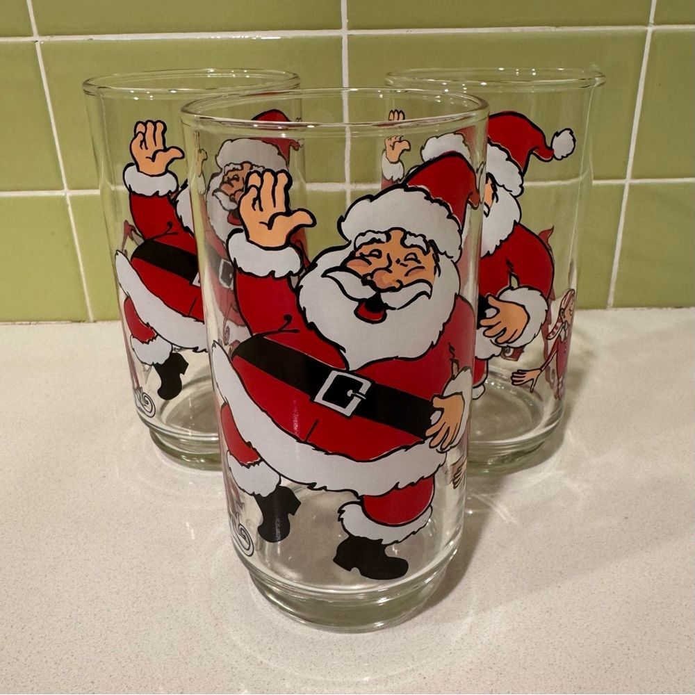 Vintage Dancing Santa Claus & Elves Glasses Set of 3 - Picture 2 of 9